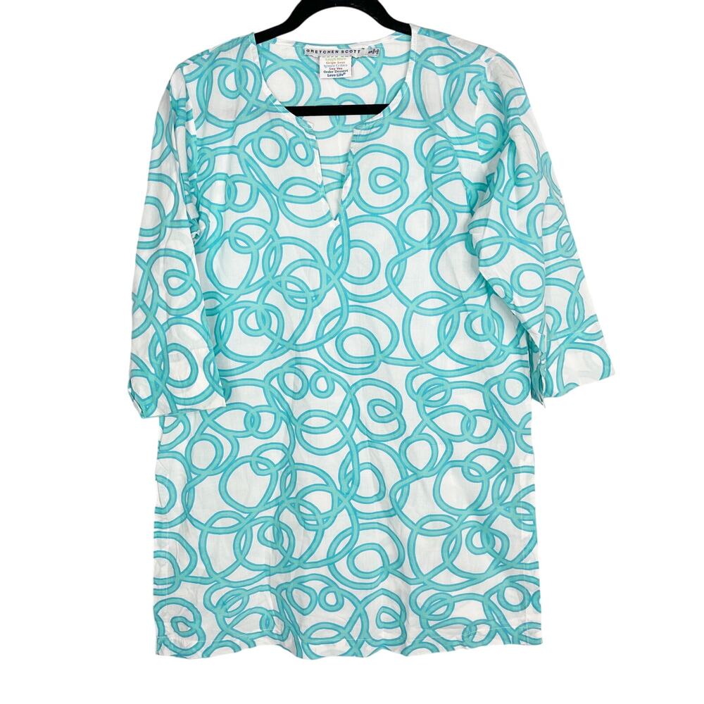 Gretchen Scott S Blue White Split V Neck Swirl Print Tunic Top Cotton Side Split
